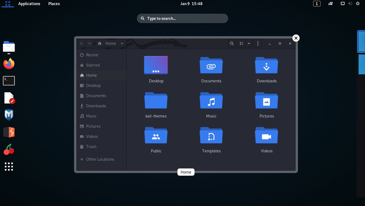 Kali Linux z GNOME w ciemnym wariancie