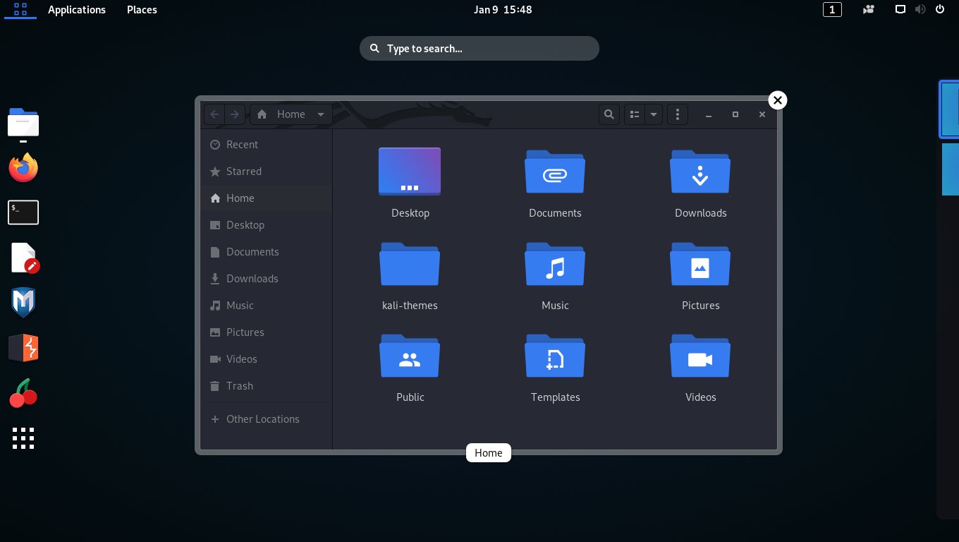Kali Linux z GNOME w ciemnym wariancie