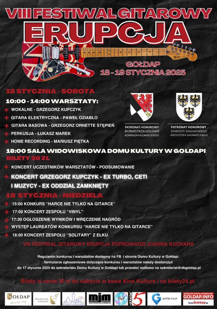 18-19 stycznia 2025 roku zapraszamy na VIII Festiwal Gitarowy Erupcja!