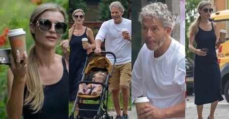 "Amerykańska" Joanna Krupa z kawą i smartfonem w ręce oprowadza męża i córeczkę po Warszawie (ZDJĘCIA)