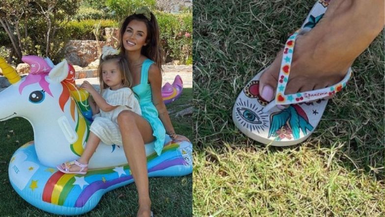 Natalia Siwiec pozuje z córką na dmuchanym jednorożcu