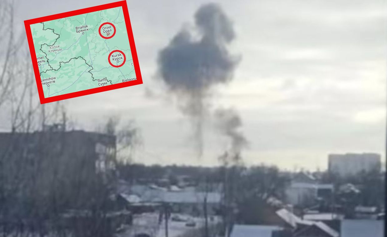 Słup dymu po uderzeniu dronów w Orle