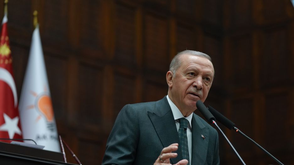 ANKARA, TURKIYE - MARCH 12: Turkish President and Leader of the Justice and Development (AK) Party Recep Tayyip Erdogan makes a speech during his party's group meeting at the Turkish Grand National Assembly in Ankara, capital of Turkiye on March 12, 2025. (Photo by Emin Sansar/Anadolu via Getty Images)