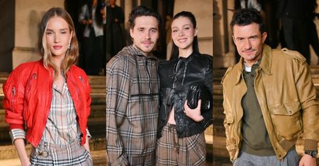 Gwiazdy na londyńskim Tygodniu Mody: Rosie Huntington w czerwieni, kraciasty Brooklyn Beckham z ukochaną i samotny Orlando Bloom
