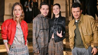 Gwiazdy na londyńskim Tygodniu Mody: Rosie Huntington w czerwieni, kraciasty Brooklyn Beckham z ukochaną i samotny Orlando Bloom