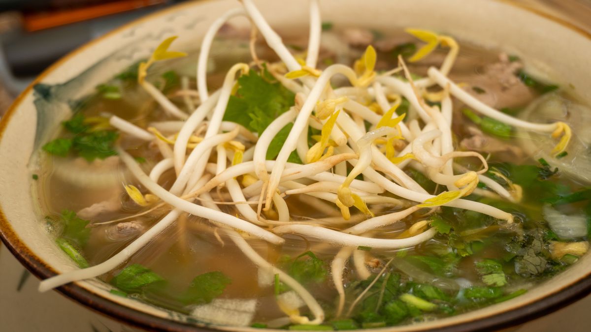 Rozgrzewająca zupa pho z kurczakiem i kiełkami fasoli mung