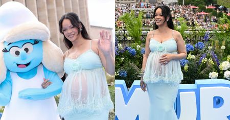 Rihanna eksponuje CIĄŻOWY BRZUSZEK w bieliźnianej koszuli na premierze "Smerfów"