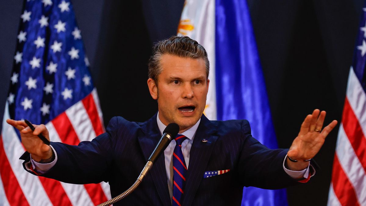 QUEZON CITY, PHILIPPINES - MARCH 28: United States Secretary of Defense Pete Hegseth delivers a speech during a press conference, after meeting with Philippines Secretary of National Defense Gilbert Teodoro, at a military camp in Quezon City, Philippines, on March 28, 2025. The US Defense Secretary will discuss how the Trump administration can help Manila to deter China's  aggression in the South China Sea and the West Philippines, and how the Washington and Manila may advance their security and military objectives and cooperation in the Asia Pacific region. Pete Hegseth will travel to Japan in the next few days. (Photo by Daniel Ceng/Anadolu via Getty Images)