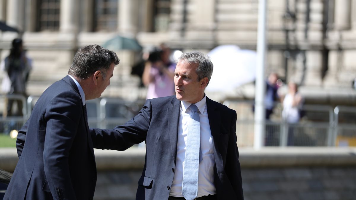 Leader of the House of Commons Mel Stride (left) and Education Secretary Damian Hinds arrive at the Queen Elizabeth II Centre in London where the new Conservative leader will be announced. (Photo by Aaron Chown/PA Images via Getty Images)