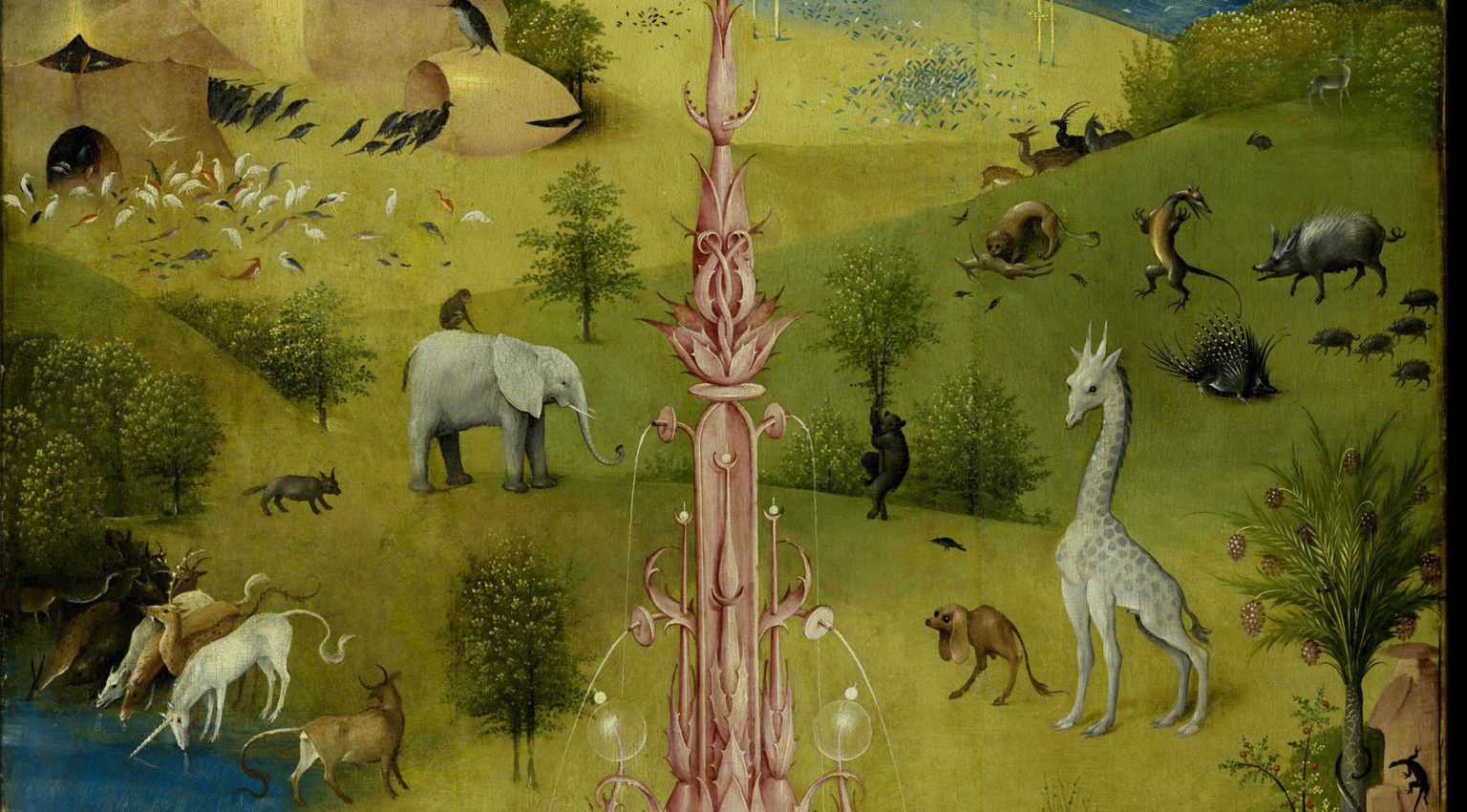Poza fantastycznymi bestiami Bosch na swoim tryptyku umieścił też np. słonia czy żyrafę (domena publiczna)