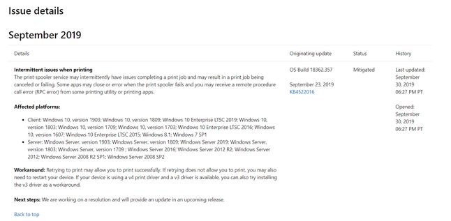 Opis problemu z drukowaniem w dokumentacji Windows 10 1903, źródło: Microsoft.