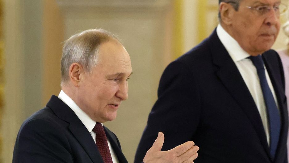 MOSCOW, RUSSIA - MARCH 21:  (RUSSIA OUT)  Russian President Vladimir Putin (L) and Foreign Minister Sergei Lavrov (R) seen during Russian-Chinese talks at the Grand Kremlin Palace, on March 21, 2023 in Moscow, Russia. Three days after being accused by an international tribunal of war crimes in Ukraine, Russian President Putin received Chinese leader Xi Jinping during his state visit to Russia. (Photo by Contributor/Getty Images)