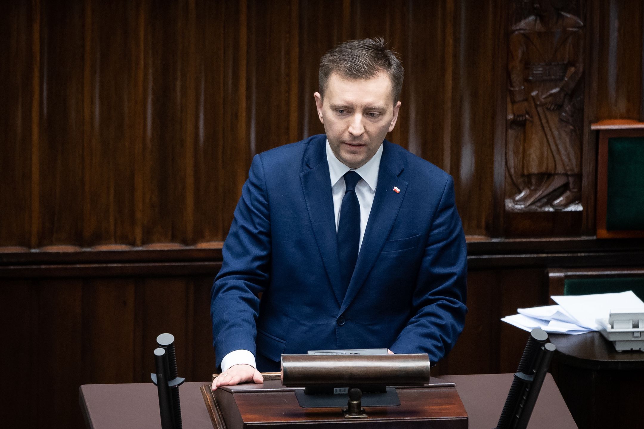 Lukasz Schreiber during the 50th session of the Sejm (lower house of Polish Parliament) in Warsaw, Poland on March 8, 2022 (Photo by Mateusz Wlodarczyk/NurPhoto via Getty Images)