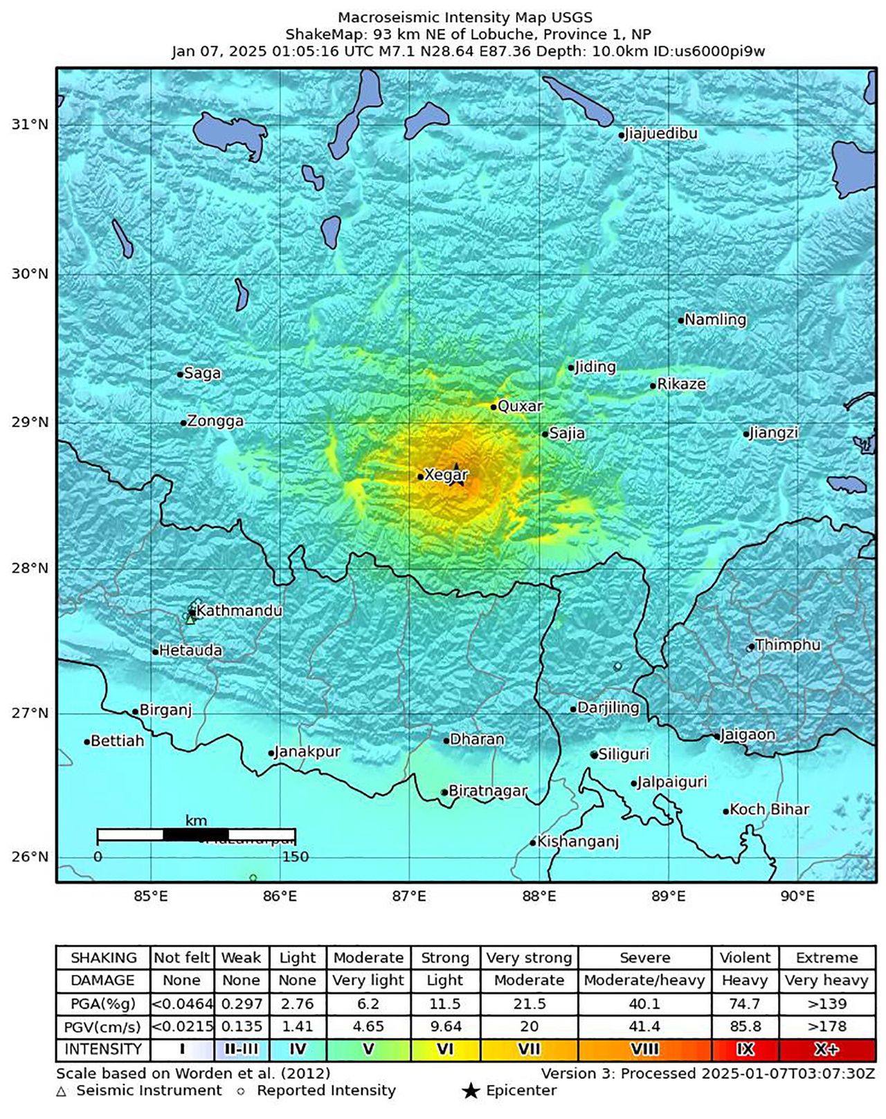 The map of tremors shared by the United States Geological Survey (USGS) shows the location of a 7.1 magnitude earthquake that struck the Shigatse area in Tibet, southern China, on January 7, 2025. The epicentre of the earthquake was located about 177 kilometres southwest of Shigatse in Tibet, and according to USGS, the depth of the tremors was 10 kilometres. EPA/USGS