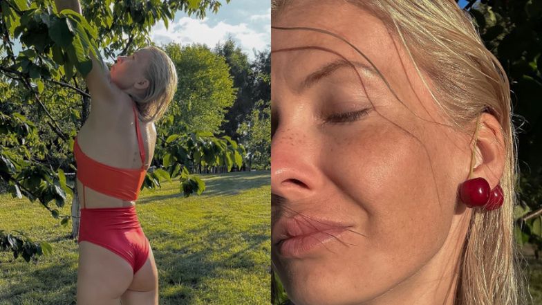 Edyta Pazura HASA w bikini po sadzie, "polując" na czereśnie. Internauci komplementują: "Ależ ma pani piękną figurę" (ZDJĘCIA)