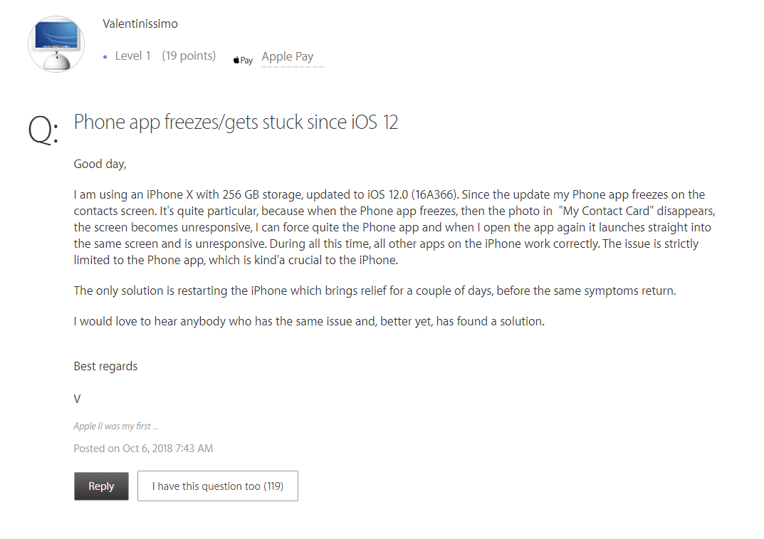 Problem z aplikacją telefonu znany jest nie od dziś, źródło: discussions.apple.com.