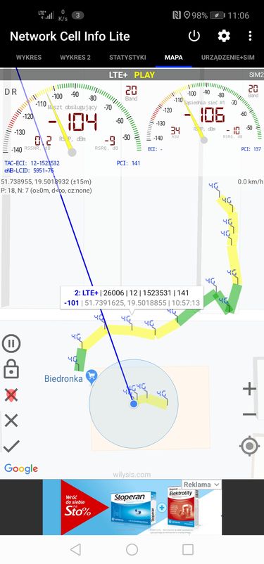 Network Cell Info Lite, mapa ze zmianami zasięgu na mojej trasie