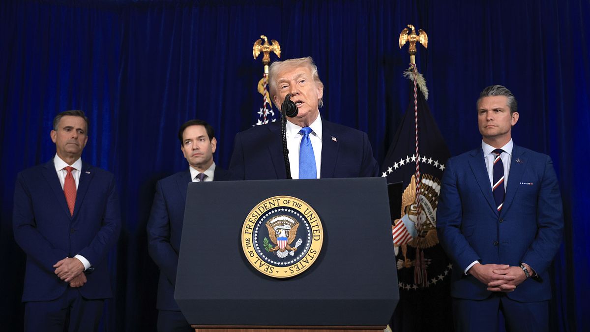 PALM BEACH, FLORIDA - JANUARY 03: (L-R) CIA Director John Ratcliffe, U.S. Secretary of State Marco Rubio and U.S. Secretary of War Pete Hegseth listen as U.S. President Donald Trump addresses the media during a news conference at his Mar-a-Lago club on January 03, 2026, in Palm Beach, Florida. President Trump confirmed that the U.S. military carried out a large-scale strike in Caracas overnight, resulting in the capture of Venezuelan leader Nicolas Maduro and his wife, Cilia Flores.  (Photo by Joe Raedle/Getty Images)
