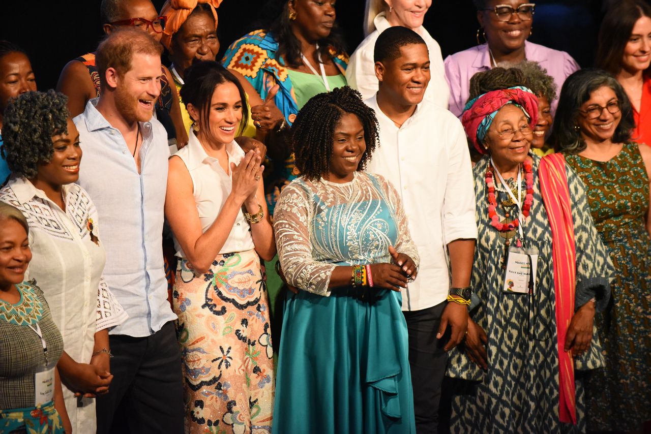 CALI, COLOMBIA - AUGUST 18: Prince Harry, Duke of Sussex, Meghan, Duchess of Sussex, Aurora Vergara, and Francia Marquez, Colombian vice president are seen at the Afro Women and Power Forum at the Municipal Theater of Calid during a visit around Colombia on August 18, 2024 in Cali, Colombia. (Photo by Edwin Rodriguez Pipicano/Anadolu via Getty Images)