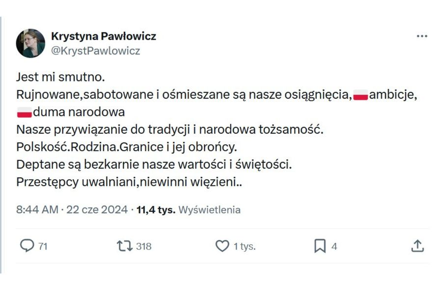 Przemyślenia Krystyny Pawłowicz na platformie X