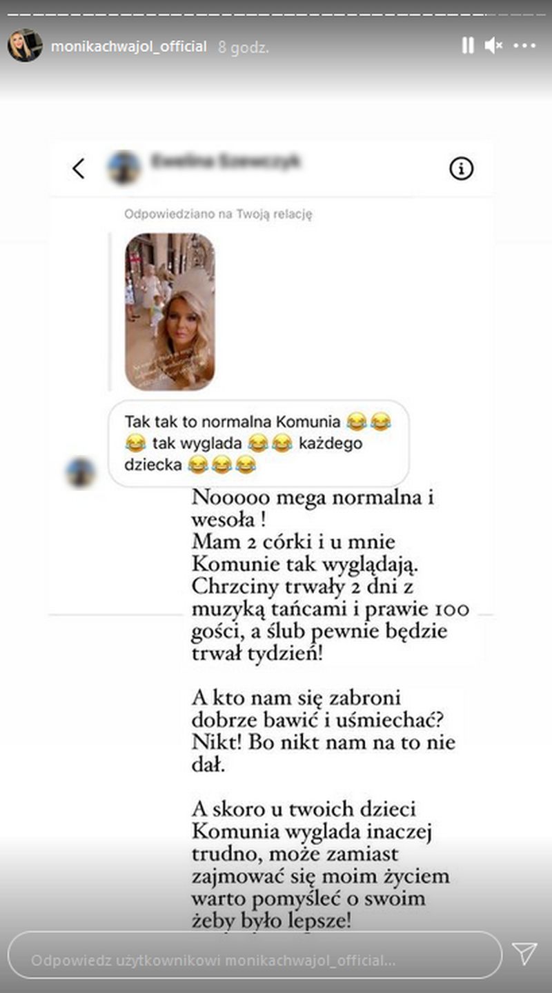 Monika Chwajoł tłumaczy się z hucznej komunii córki