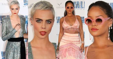 Delevingne z dekoltem do pępka i dorodna Rihanna w piórach na paryskiej premierze (ZDJĘCIA)