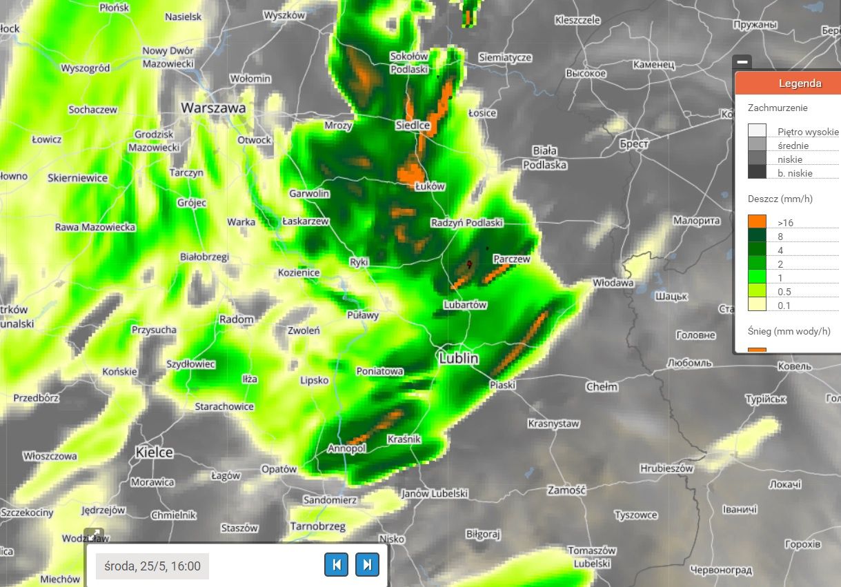 Prognozowane opady deszczu i burze w środę 25.05, godz. 16:00