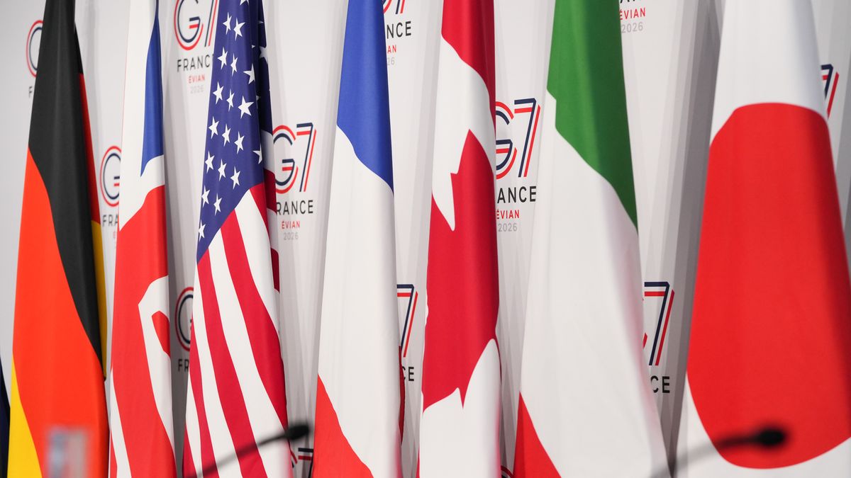 National flags of countries participating in the G7 ahead of a news conference in Paris, France, on Tuesday, Feb. 3, 2026. The news conference detailed the financial and digital priorities of the French Presidency in a ahead of the G-7 Summit this June. Photographer: Nathan Laine/Bloomberg via Getty Images