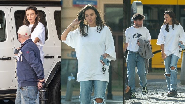 Sara Boruc w podartych dżinsach rozprawia z asystentem na ulicy