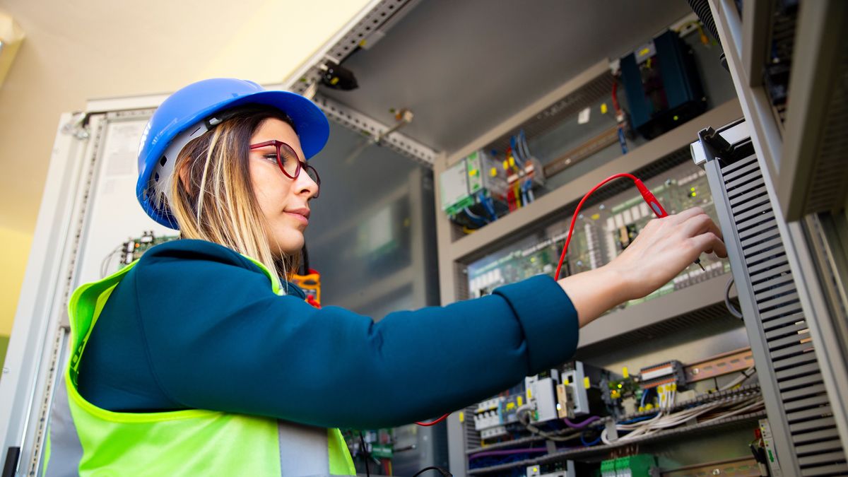 adult, analyzing, cable, control, electric meter, electrical component, electrician, electricity, engineer, equipment, examining, expertise, factory, industry, inspector, instrument of measurement, looking, machine part, maintenance engineer, manual worker, multi meter, one person, only women, people, power supply, problems, professional occupation, protective work wear, repairing, service, technician, technology, work tool, working, worker, work, safety, machine, helmet, person, computer, business, occupation, mechanic, job, panel, maintenance, female, woman, young