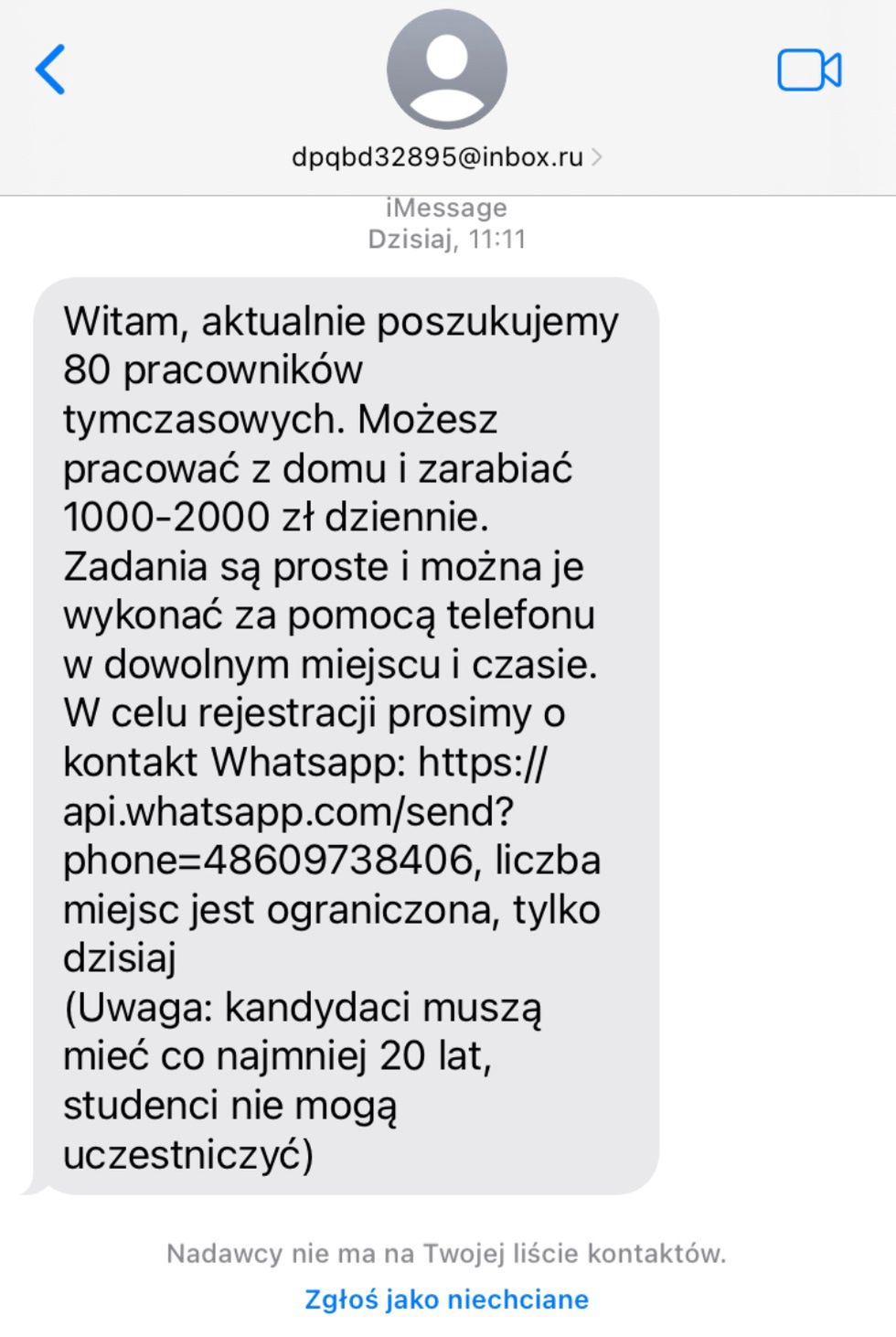 Przykładowa fałszywa wiadomość