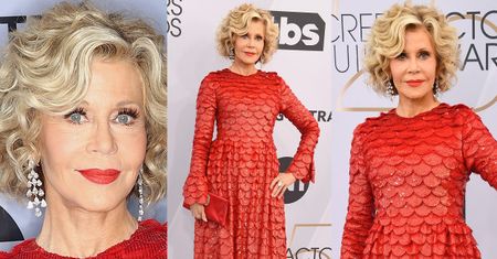 Jane Fonda błyszczy w czerwonej "rybiej łusce" od Valentino
