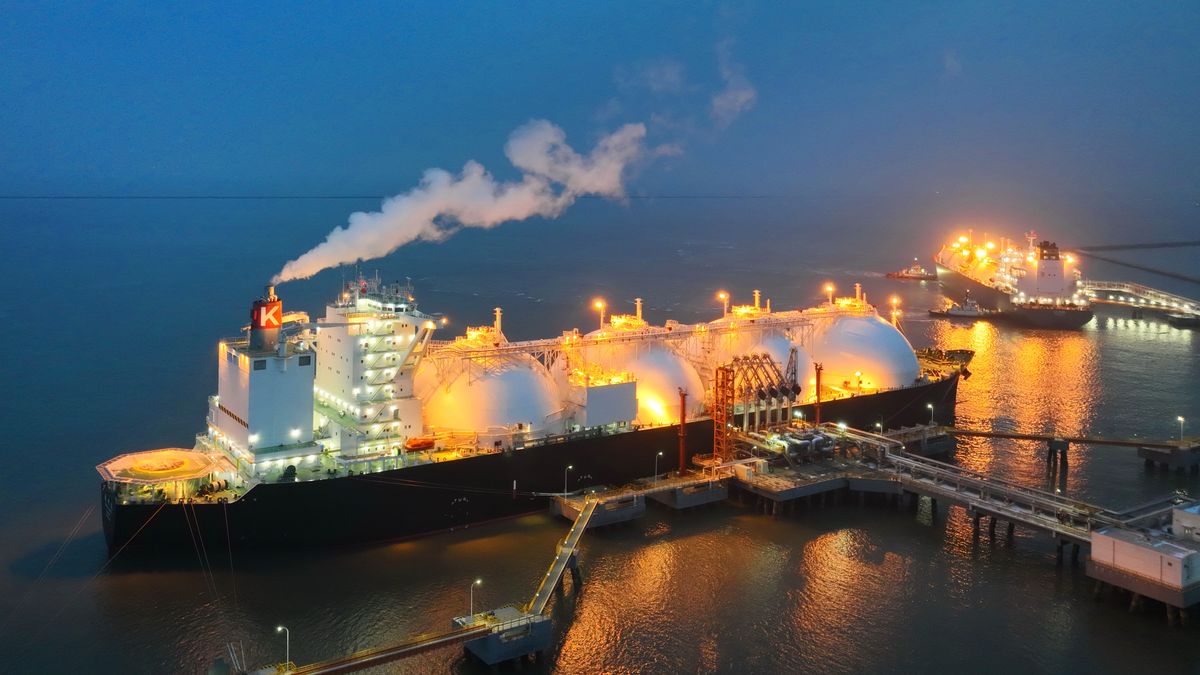 TIANJIN, CHINA - DECEMBER 11: Aerial view of two liquefied natural gas (LNG) carriers being berthed at China's first two-berth LNG terminal operated by China Petrochemical Corporation (Sinopec Group) on December 11, 2023 in Tianjin, China. (Photo by VCG/VCG via Getty Images)