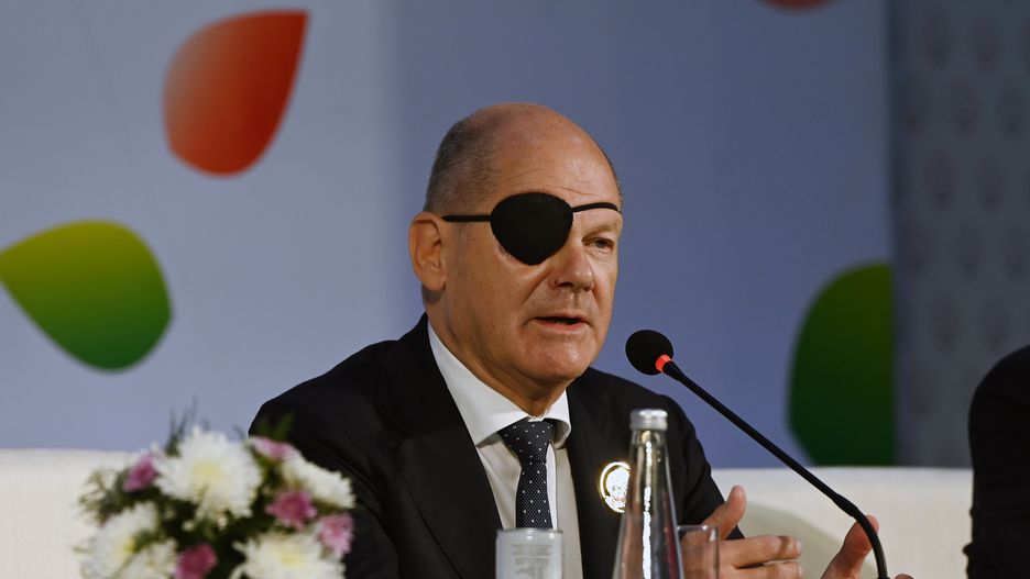 Olaf Scholz, Germany's chancellor, during a news conference during the Group of 20 (G-20) summit in New Delhi, India, on Saturday, Sept. 9, 2023. Group of 20 leaders agreed on a joint statement after resolving final differences over references to Russia's invasion of Ukraine and US plans to host the annual summit in 2026. Photographer: Prakash Singh/Bloomberg via Getty Images
