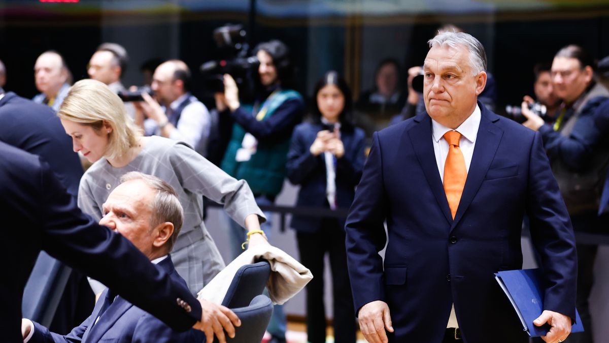 Viktor Orban, Hungary's prime minister, right, at a special European Council meeting in Brussels, Belgium, on Thursday, March 6, 2025. EU leaders are scrambling to ramp up the bloc's defense funding and support for Ukraine after Donald Trump halted aid to Kyiv this week. Photographer: Simon Wohlfahrt/Bloomberg via Getty Images