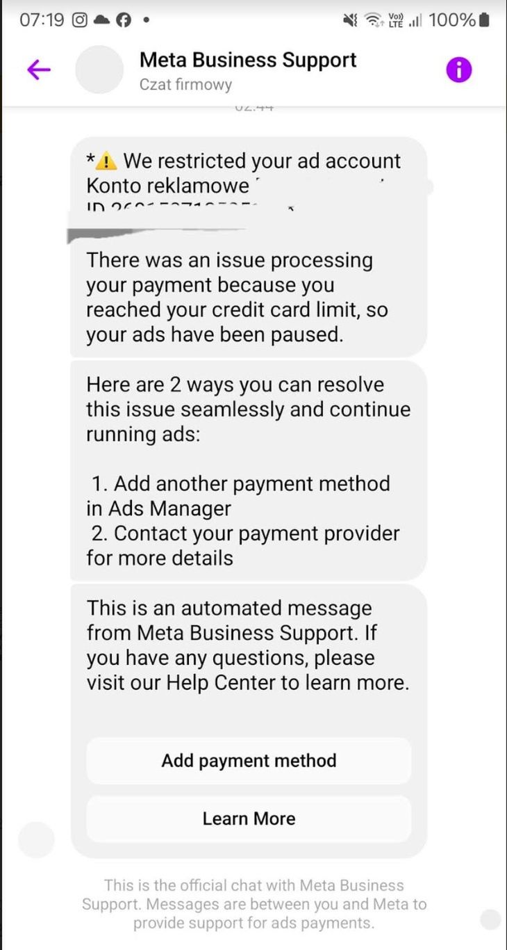 Przykładowa fałszywa rozmowa z Facebooka