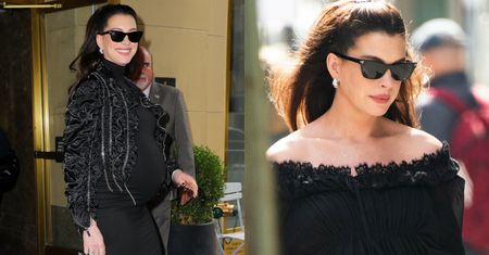 Ciężarna 43-letnia Anne Hathaway opuszcza nowojorski hotel i eksponuje wielki brzuch w czarnej kreacji (ZDJĘCIA)