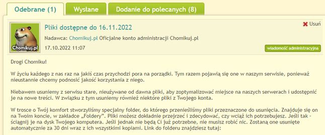 Informacja o planowanym usunięciu plików z Chomikuj.pl