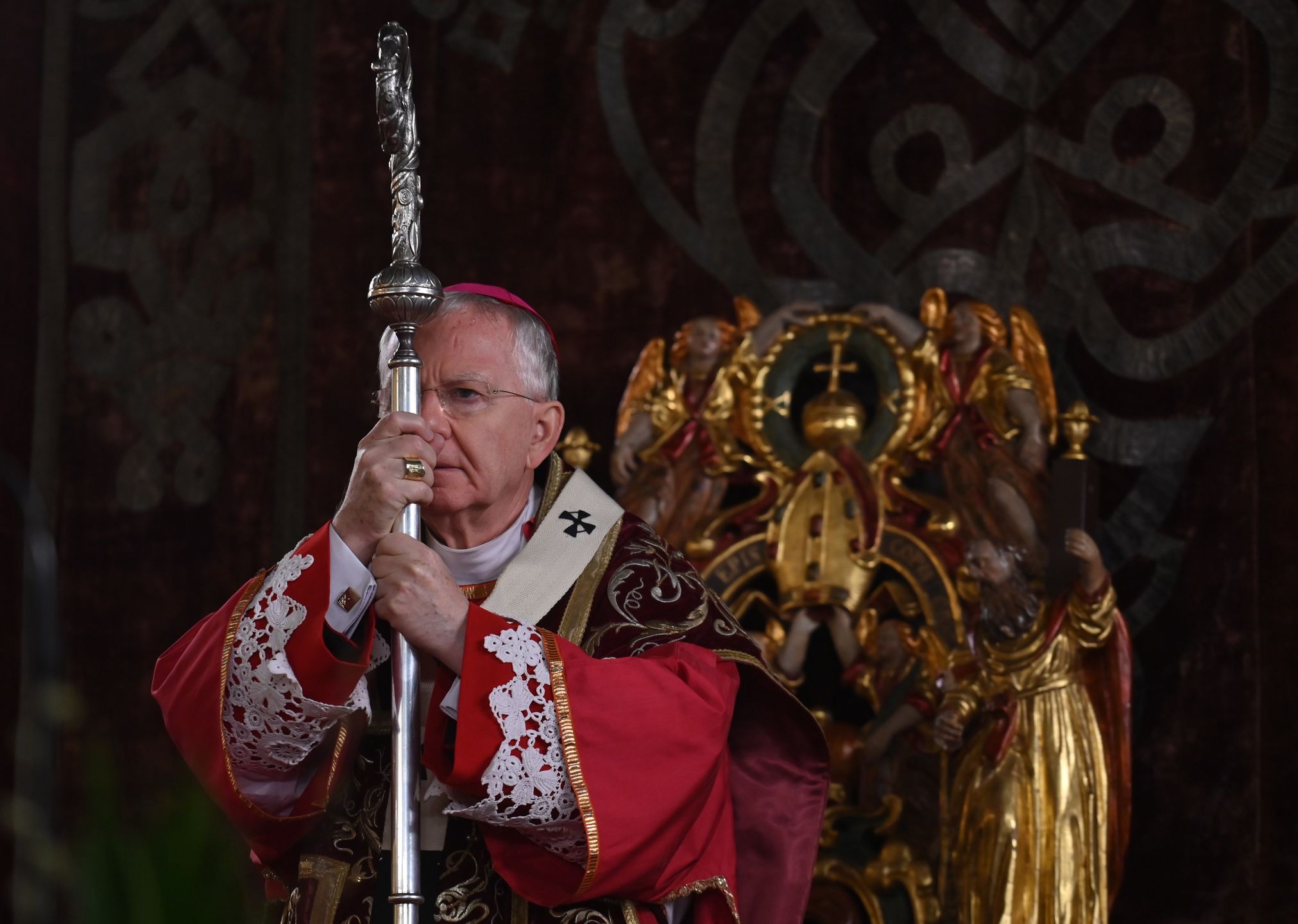 KRAKOW, POLAND - APRIL 02, 2023:Archbishop Marek Jedraszewski presides over the Palm Sunday celebration at Wawel Royal Cathedral in Krakow, as worshippers gather to commemorate the triumphal entry of Jesus into Jerusalem, on April 02, 2023, in Krakow, Poland.Palm Sunday in Poland is a day of remembrance where the faithful honor Jesus' entry into Jerusalem with willow branches and bouquets of flowers. There are processions and the distribution of blessed palm leaves. Some churches save the palms for Ash Wednesday, while others fold them into crosses to keep at home. (Photo by Artur Widak/NurPhoto via Getty Images)