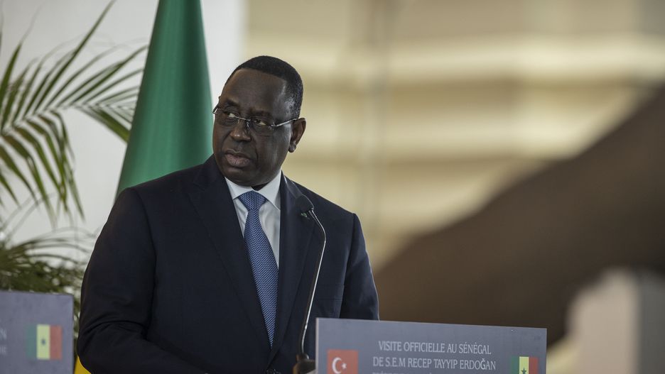 DAKAR, SENEGAL - FEBRUARY 21: Turkish President Recep Tayyip Erdogan and Senegalese President Macky Sall hold a joint press conference in Dakar, Senegal on February 21, 2022. (Photo by Ali Balikci/Anadolu Agency via Getty Images)
