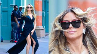 Heidi Klum i jej spódnica z rozcięciem walczą z wiatrem na ulicach Nowego Jorku