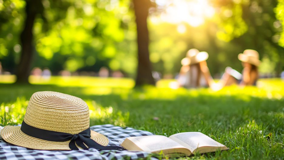 picnic, sun, hat, straw, summer, park, blanket, plaid, green, grass, relax, reading, book, leisure, lawn, trees, sunlight, meadow, field, vacation, holiday, outdoors, nature, peaceful, sunny, day, recreation, gingham, open, shade, lifestyle, carefree, girls, women, female, light, cheerful, bright, fun