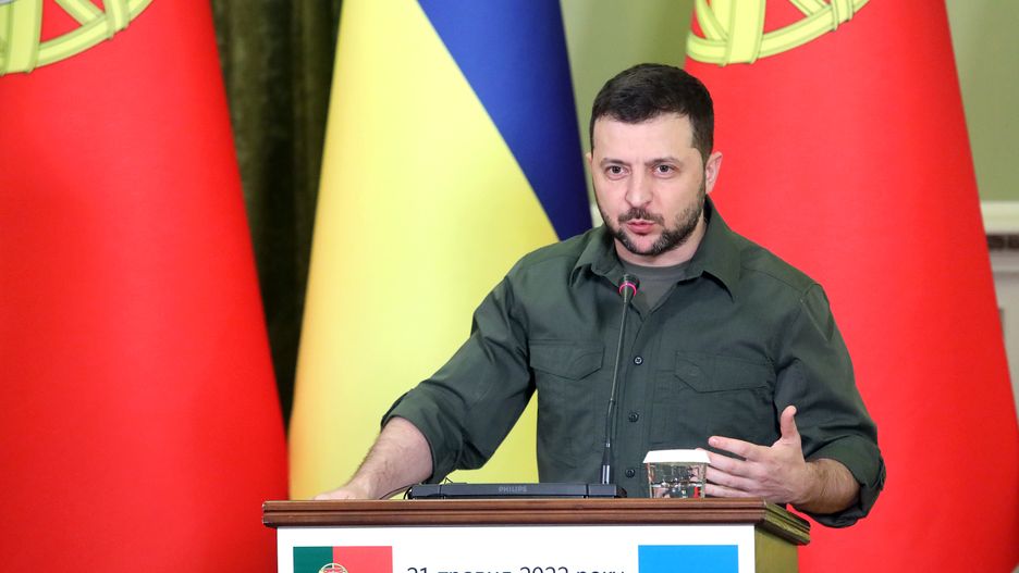 KYIV, UKRAINE - MAY 21, 2022 - President of Ukraine Volodymyr Zelenskyy is pictured during a joint press conference with Prime Minister of the Portuguese Republic Antonio Costa following their negotiations in Kyiv, capital of Ukraine. This photo cannot be distributed in the Russian Federation. (Photo credit should read Volodymyr Tarasov/ Ukrinform/Future Publishing via Getty Images)