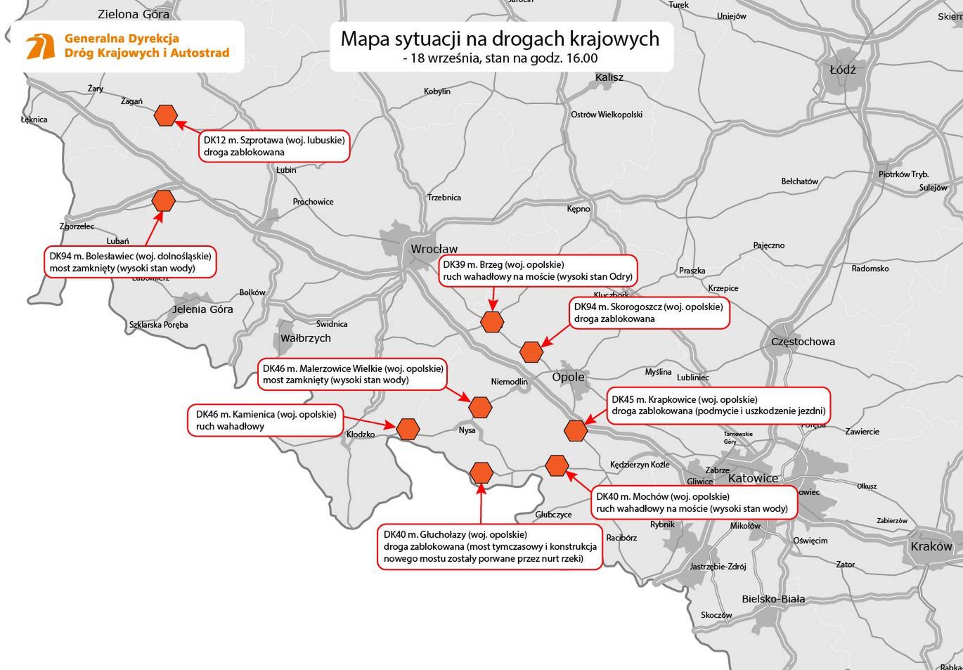 Utrudnienia na drogach krajowych, stan na godz. 16.20