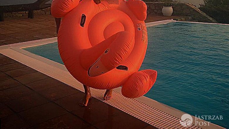 Dawid Woliński pozuje z flamingiem na Mykonos