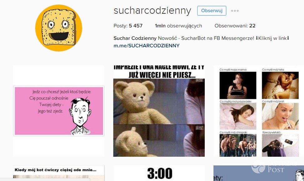 Profil "Suchar codzienny" obserwuje milion followersów