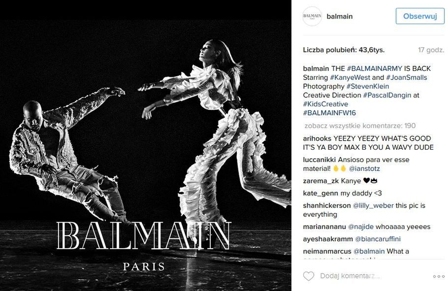 Kanye West w kampanii Balmain na jesień 2016. Towarzyszy mu Joan Smalls