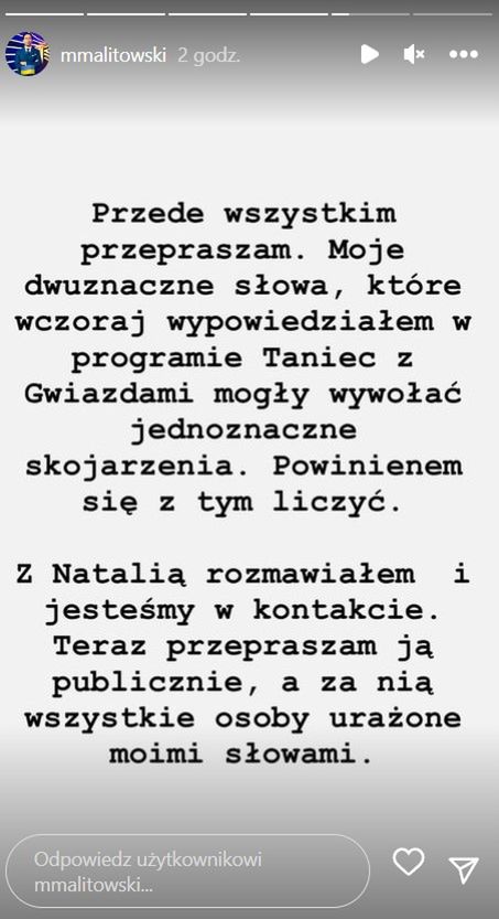 Michał Malitowski przeprasza Natalię Janoszek