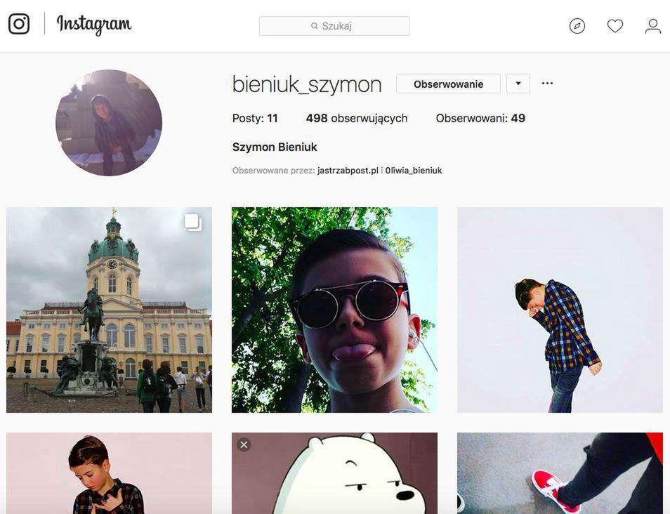 Instagram Szymona Bieniuka, syna Anny Przybylskiej i Jarosława Bieniuka