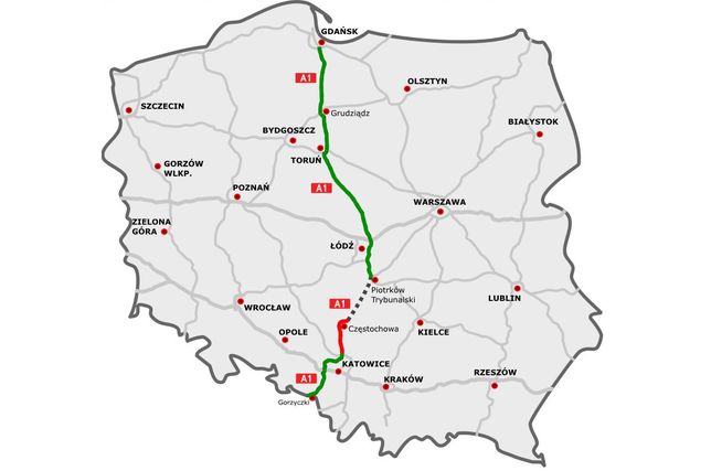 W sumie autostrada A1 biegnie przez 5 województw